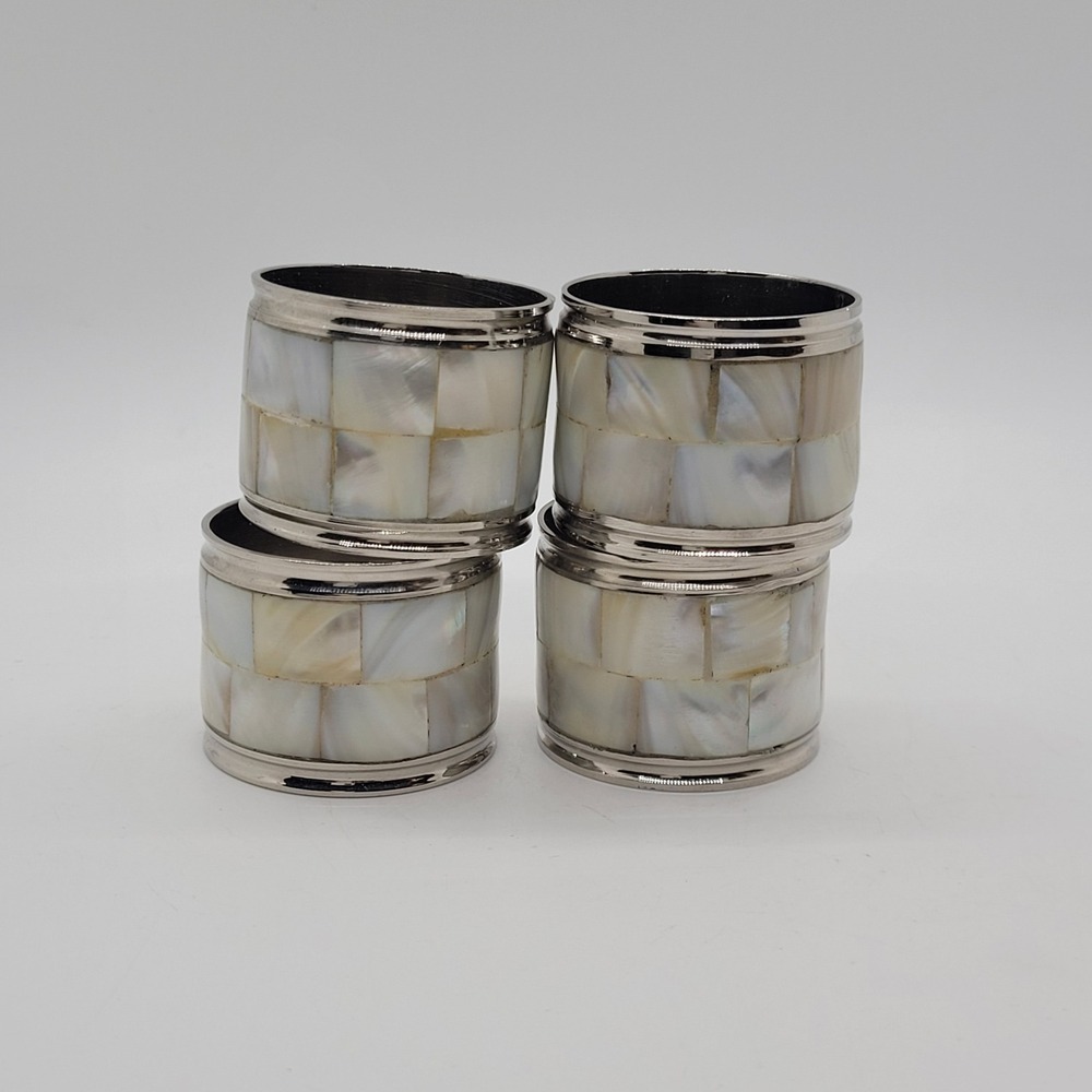 Mother of Pearl Napkin Rings Set of 4 Silver Tone Mosaic Shell Table Decor
